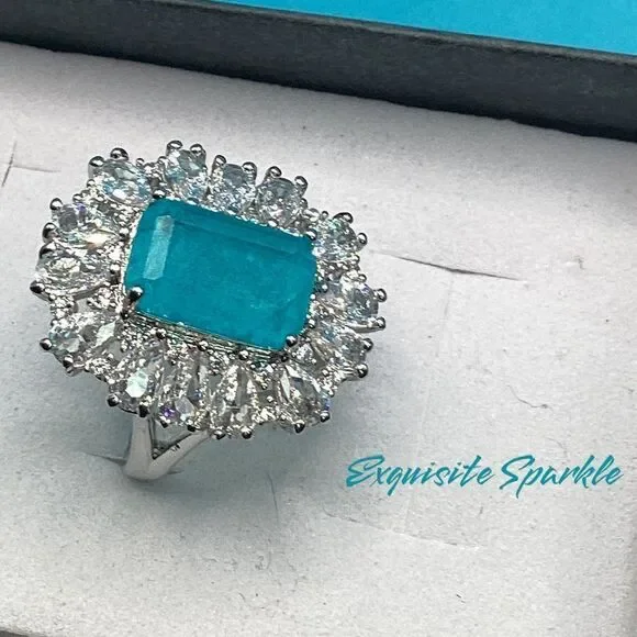 Gorgeous Vintage-Inspired Simulated Paraiba Tourmaline & CZ Halo Statement Ring